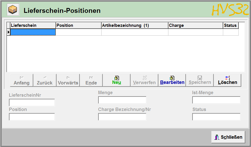 Screenshot des Lieferschein-Charge-Schirms